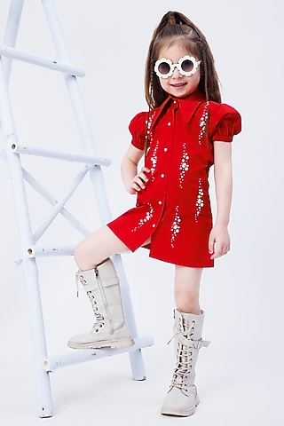 Red Poplin Cotton Pearl Hand Work Shirt Dress For Girls by Hoity