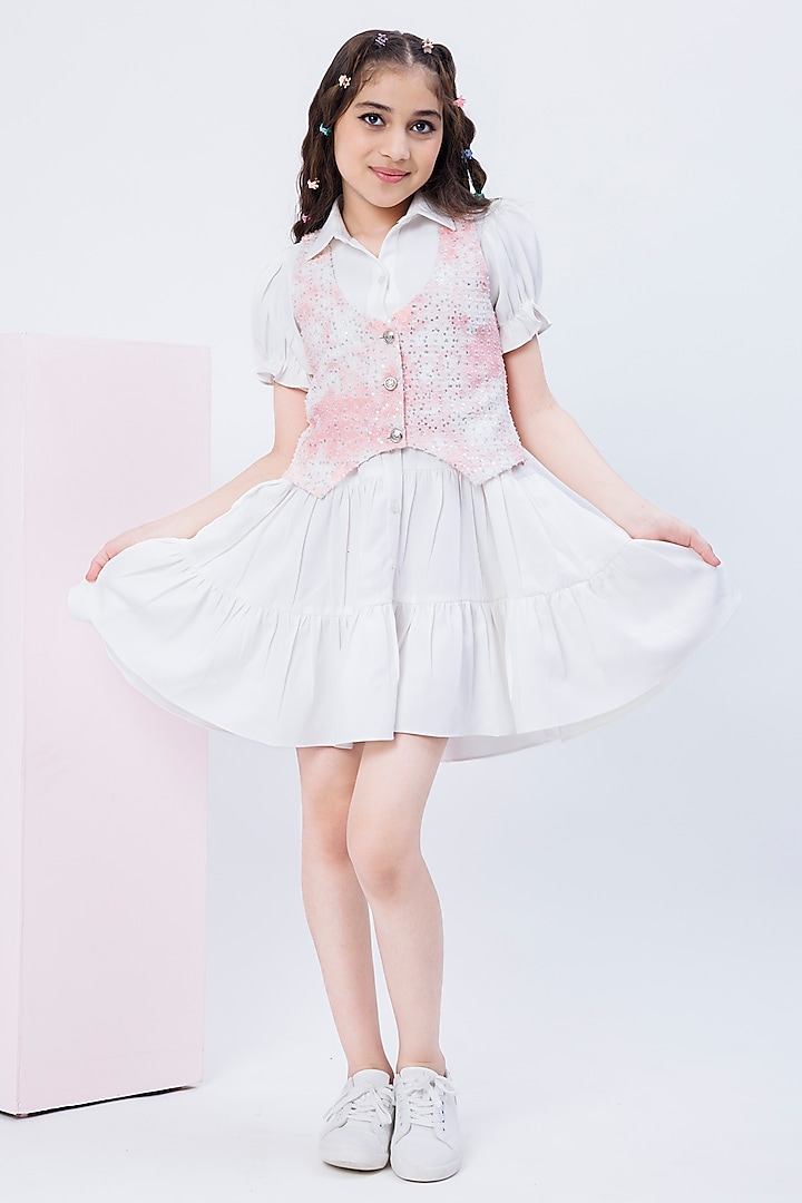 White & Pink Denim Shirt Dress With Waistcoat For Girls by Hoity Moppet at Pernia's Pop Up Shop