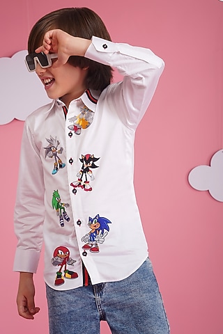 White Crisp Cotton Embroidered Shirt For Boys by Hoity Moppet