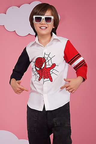 White Crisp Cotton Embroidered Shirt For Boys by Hoity Moppet