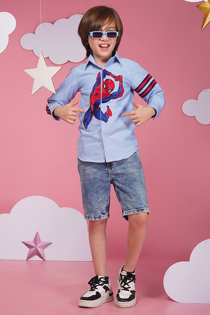 Light Blue Crisp Cotton Embroidered Shirt For Boys by Hoity Moppet at Pernia's Pop Up Shop