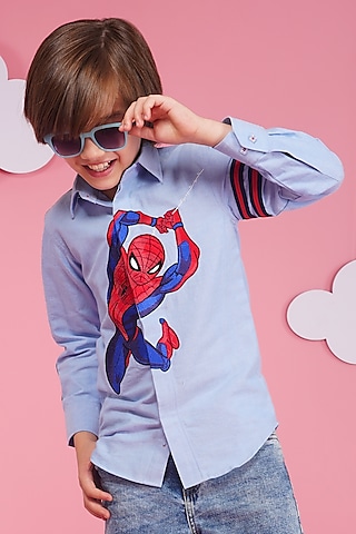 Light Blue Crisp Cotton Embroidered Shirt For Boys by Hoity Moppet