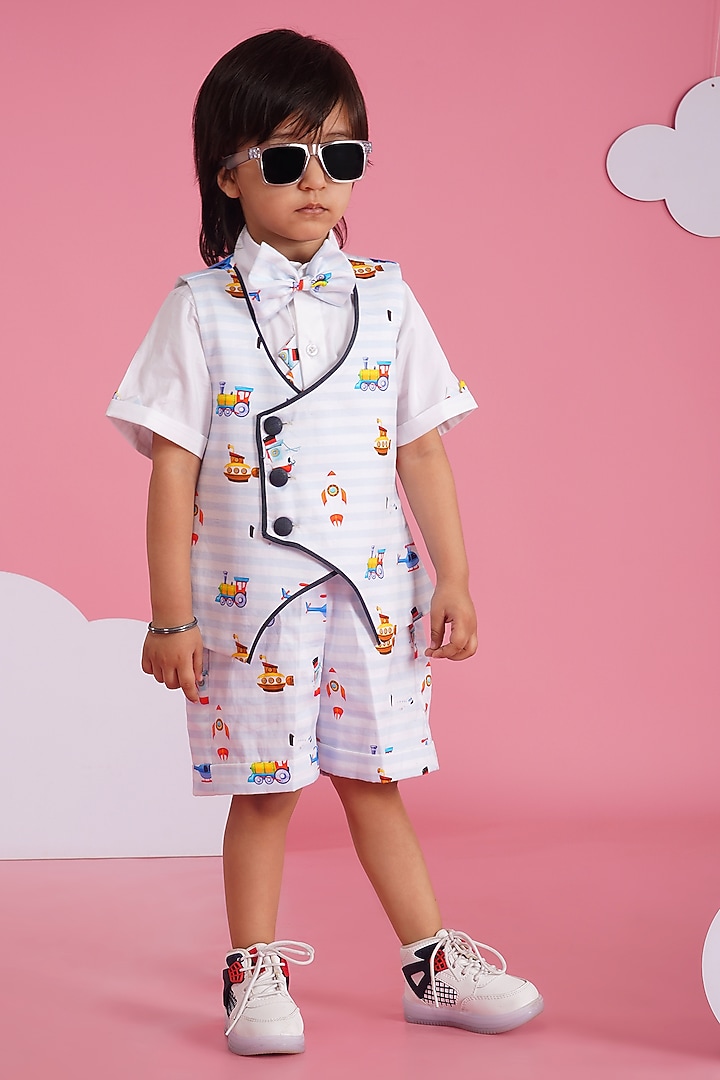 White & Light Blue Premium Cotton Waistcoat Set For Boys by Hoity Moppet at Pernia's Pop Up Shop