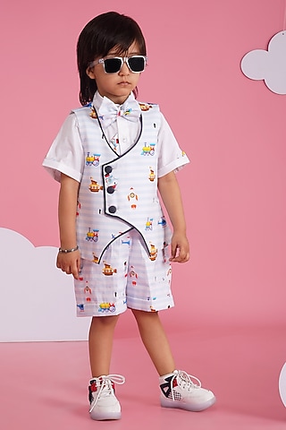 White & Light Blue Premium Cotton Waistcoat Set For Boys by Hoity Moppet