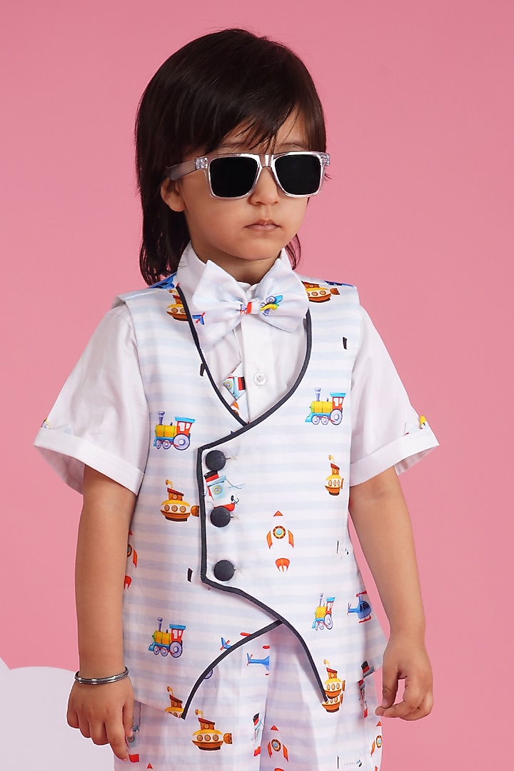 White & Light Blue Premium Cotton Waistcoat Set For Boys by Hoity Moppet at Pernia's Pop Up Shop