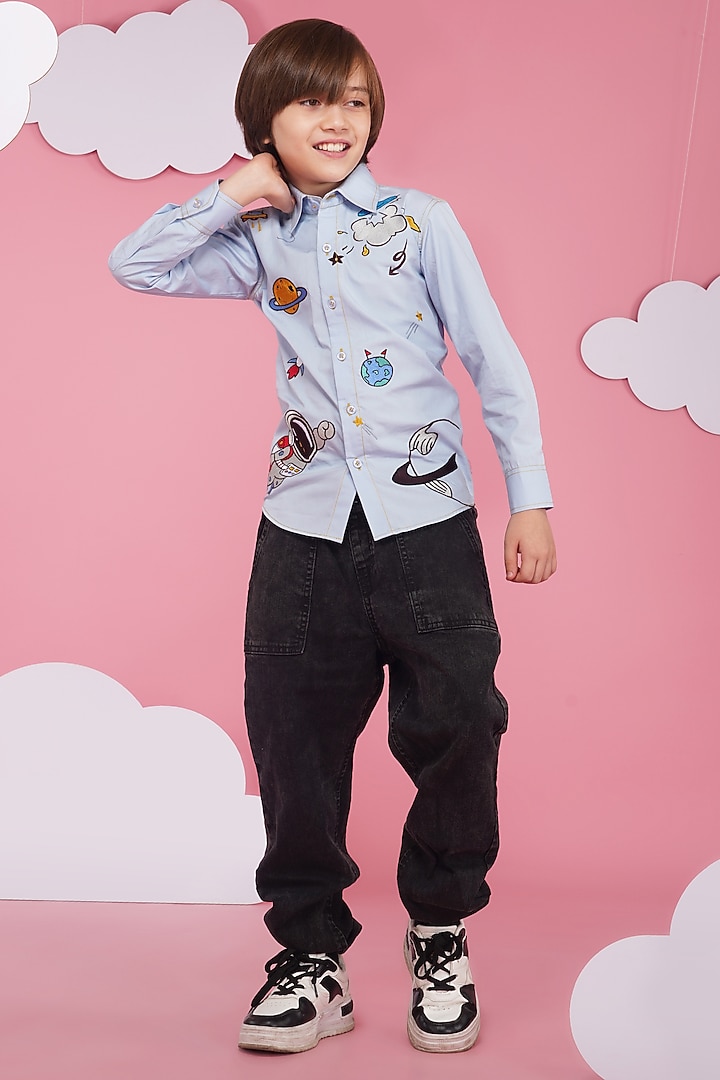 Light Blue Crisp Cotton Embroidered Shirt For Boys by Hoity Moppet at Pernia's Pop Up Shop