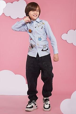 Light Blue Crisp Cotton Embroidered Shirt For Boys by Hoity Moppet