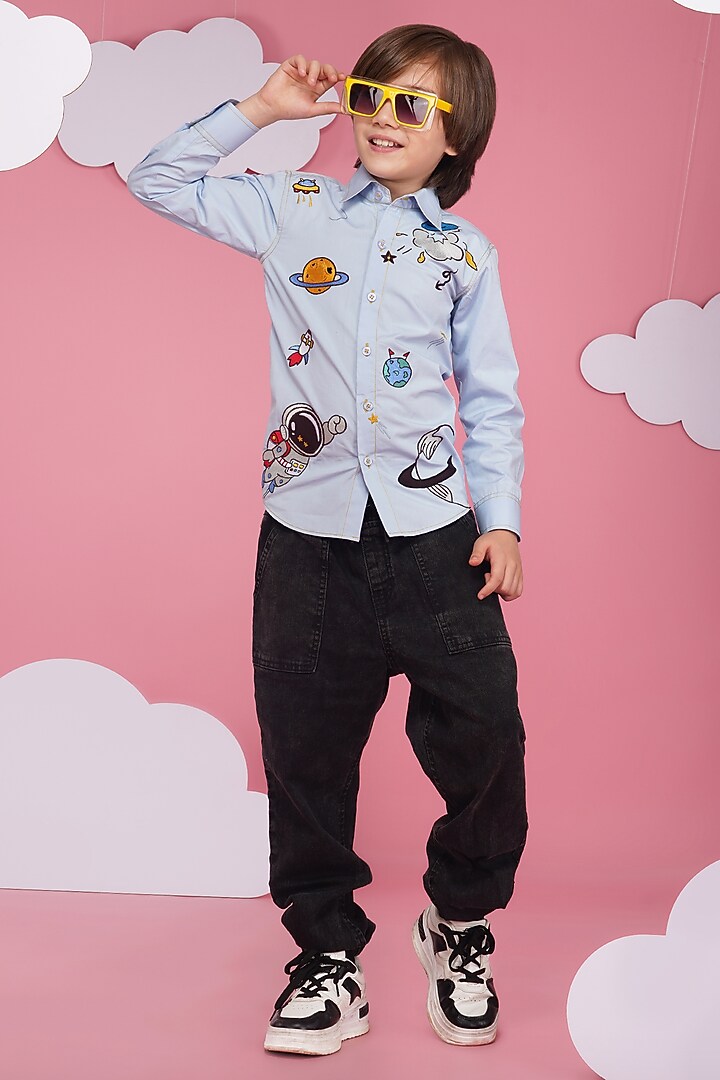 Light Blue Crisp Cotton Embroidered Shirt For Boys by Hoity Moppet at Pernia's Pop Up Shop