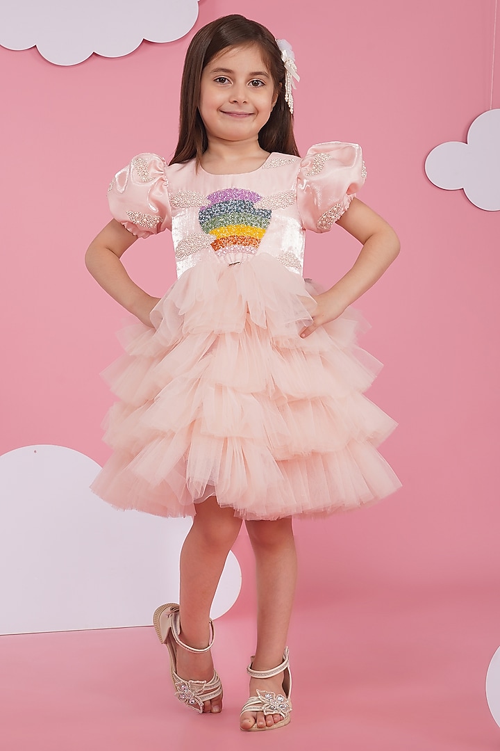 Pink Liquid Organza & Tulle Pearl Embroidered Dress For Girls by Hoity Moppet at Pernia's Pop Up Shop