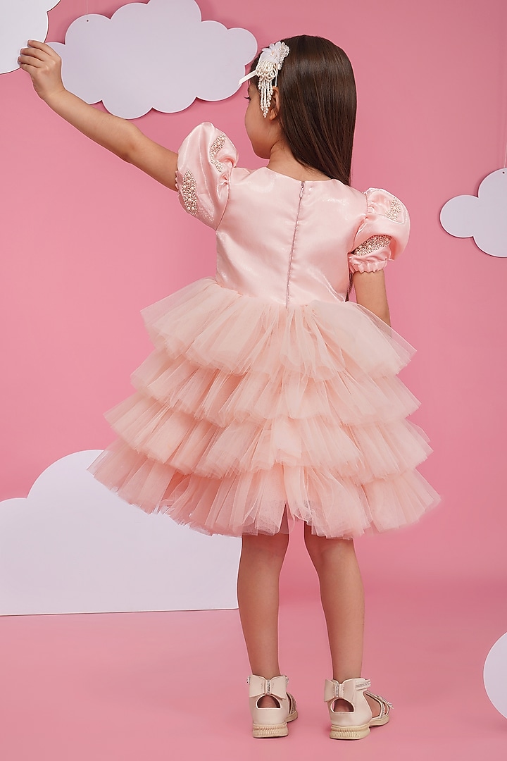 Pink Liquid Organza & Tulle Pearl Embroidered Dress For Girls by Hoity Moppet at Pernia's Pop Up Shop