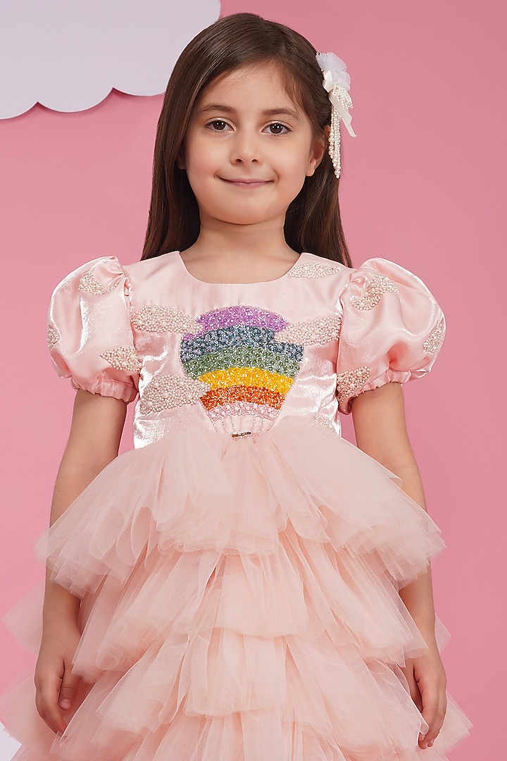 Pink Liquid Organza & Tulle Pearl Embroidered Dress For Girls by Hoity Moppet at Pernia's Pop Up Shop