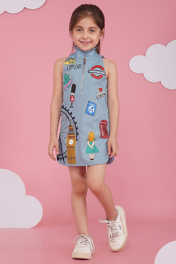 Light Blue Denim Hand Painted Dress For Girls by Hoity Moppet at Pernia's Pop Up Shop