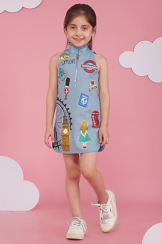 Light Blue Denim Hand Painted Dress For Girls by Hoity Moppet