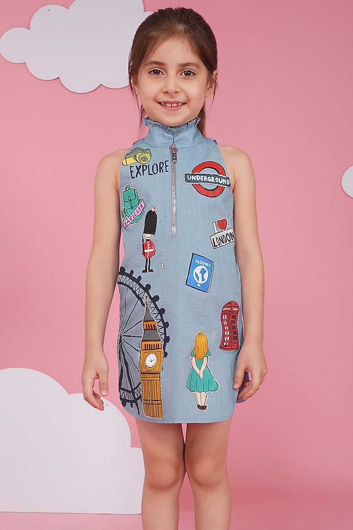 Light Blue Denim Hand Painted Dress For Girls by Hoity Moppet at Pernia's Pop Up Shop