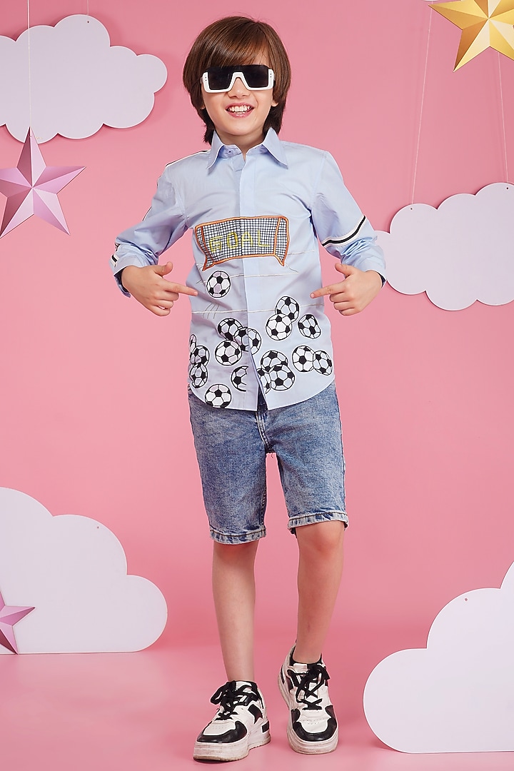 Light Blue Crisp Cotton Embroidered Shirt For Boys by Hoity Moppet