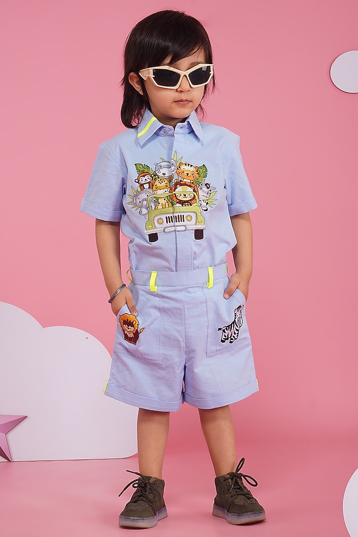 Light Blue Premium Cotton Embroidered Co-Ord Set For Boys by Hoity Moppet