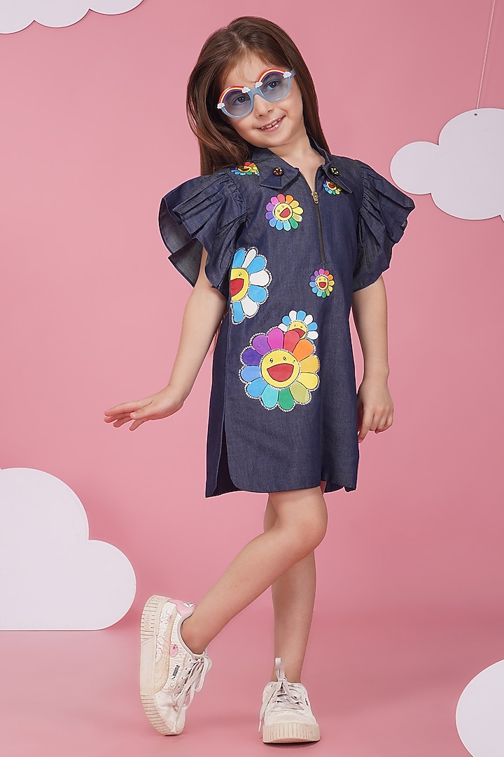 Blue Denim Hand Painted Dress For Girls by Hoity Moppet at Pernia's Pop Up Shop