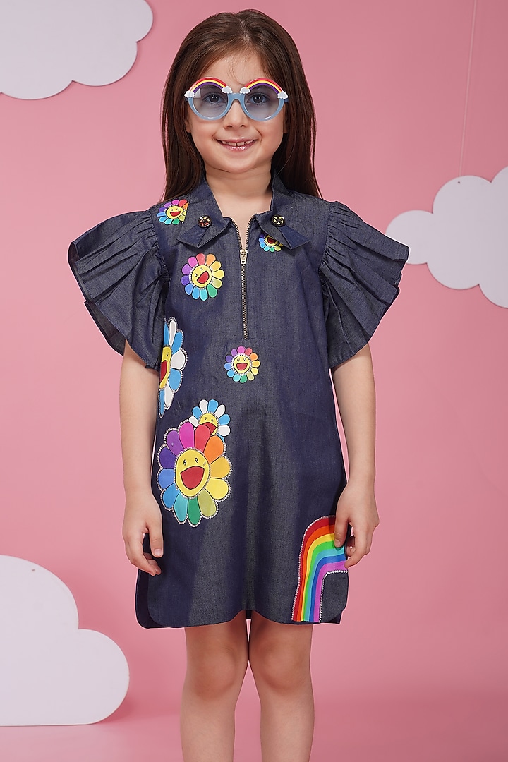 Blue Denim Hand Painted Dress For Girls by Hoity Moppet at Pernia's Pop Up Shop