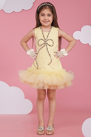 Lemon Luxury Crepe Embroidered Dress For Girls by Hoity Moppet