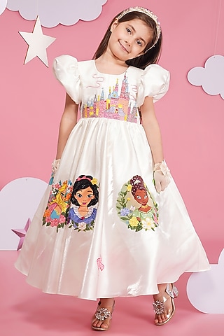 White Satin Organza Embroidered Dress For Girls by Hoity Moppet