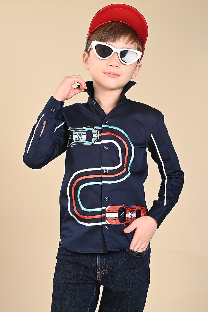 Blue Cotton Embroidered Shirt For Boys by Hoity Moppet