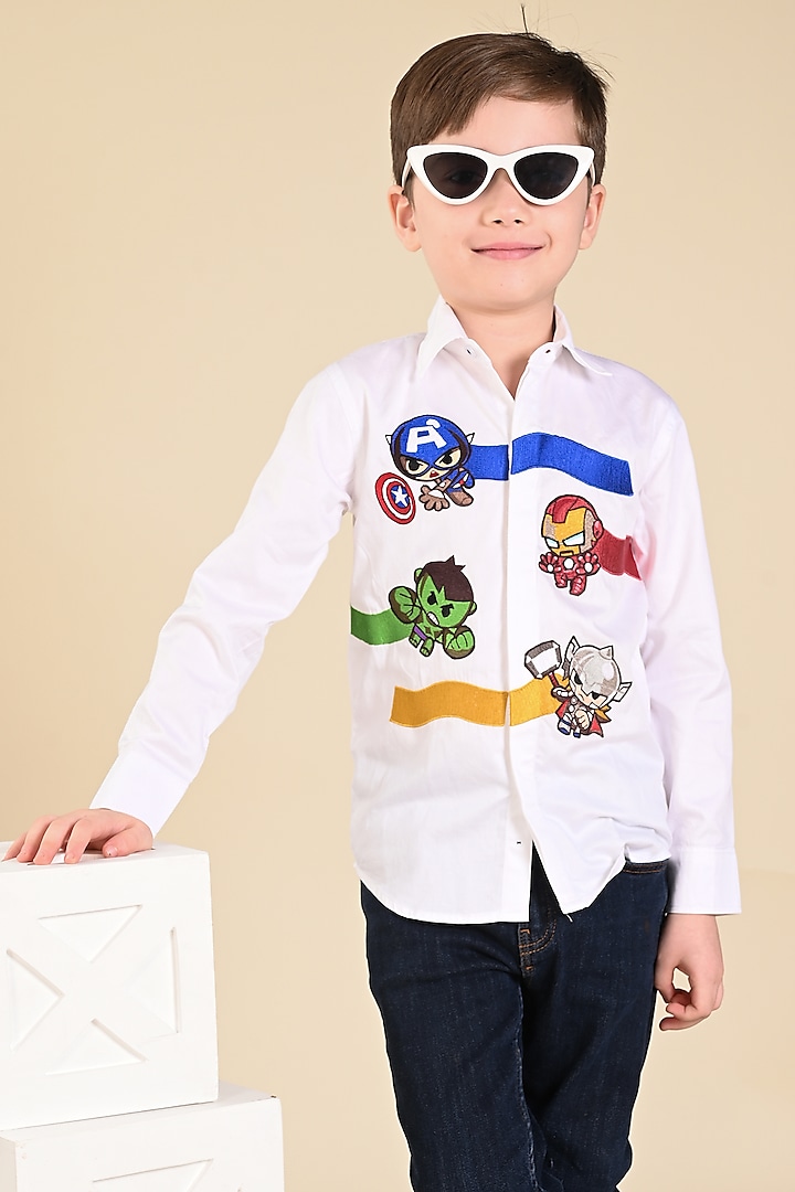 White Cotton Embroidered Shirt For Boys by Hoity Moppet