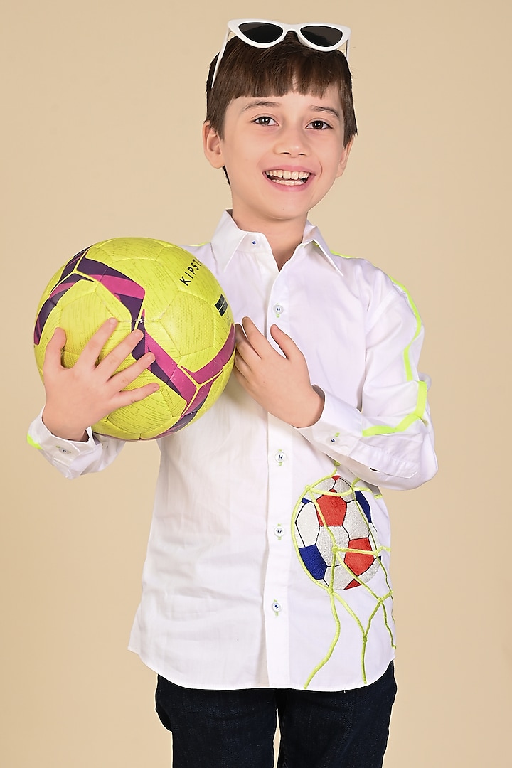 White Cotton Embroidered Shirt For Boys by Hoity Moppet