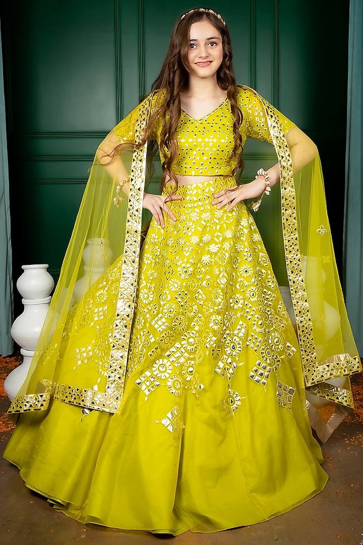 Green Organza Applique Embroidered Lehenga Set For Girls by Hoity Moppet at Pernia's Pop Up Shop