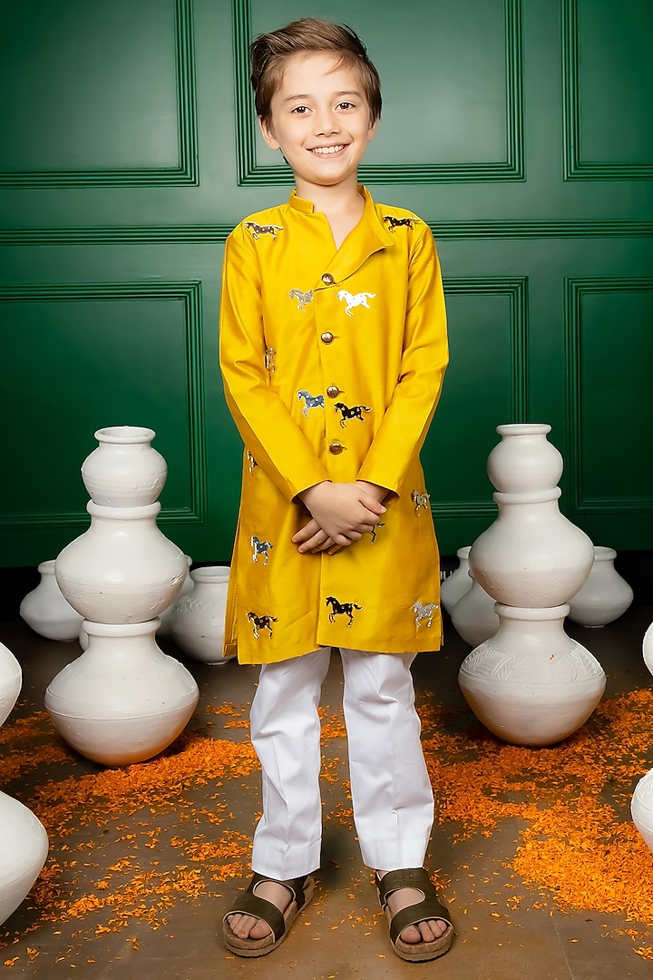 Yellow Silk Kurta Set For Boys by Hoity Moppet