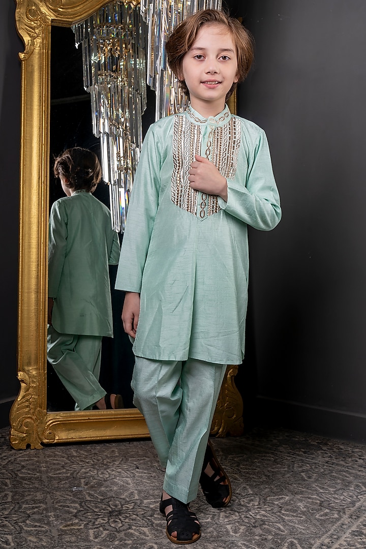 Mint Green Cotton Silk Gold Embroidered Kurta Set For Boys by Hoity Moppet