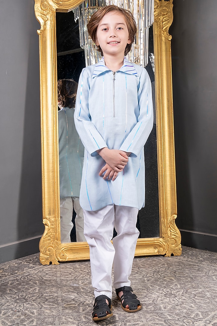 Light Blue Linen Kurta Set For Boys by Hoity Moppet