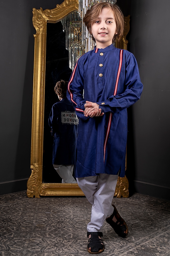 Blue Cotton Silk Embroidered Kurta Set For Boys by Hoity Moppet