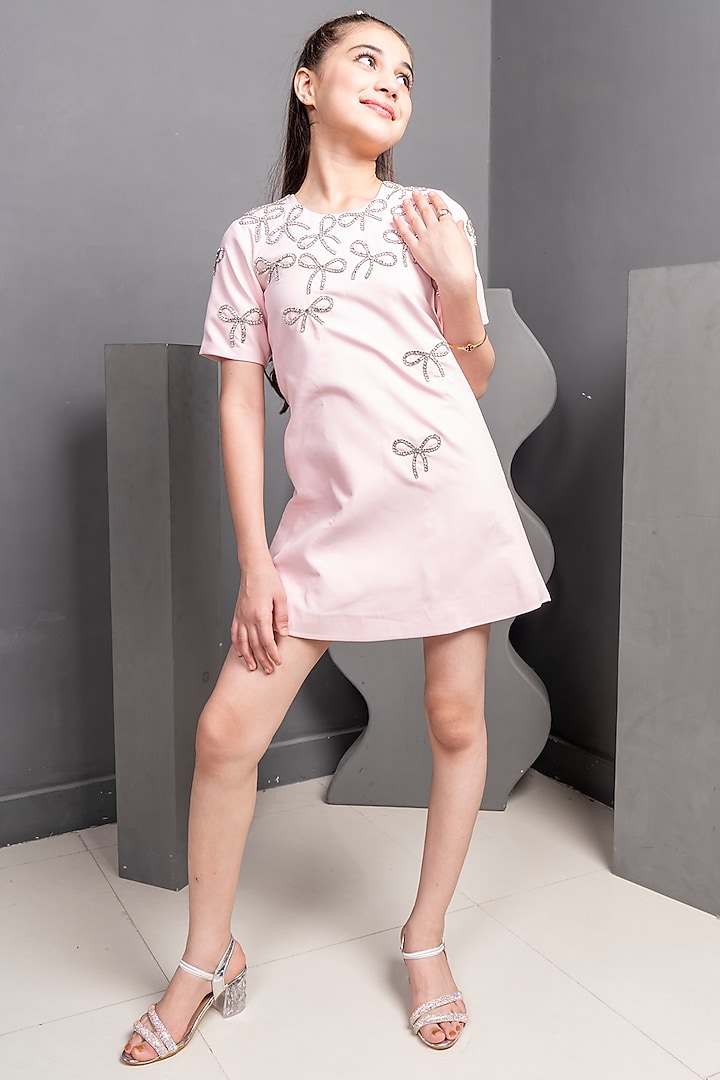 Pink Satin Swarovski Embroidered Dress For Girls by Hoity Moppet at Pernia's Pop Up Shop