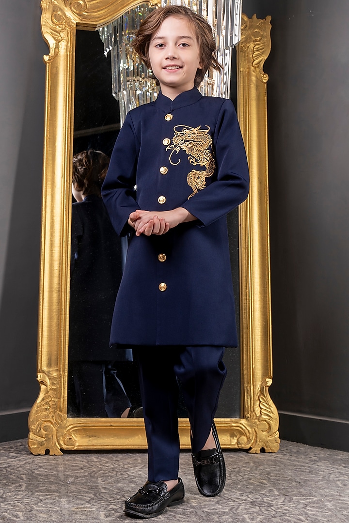 Blue Suiting Crepe Embroidered Sherwani Set For Boys by Hoity Moppet