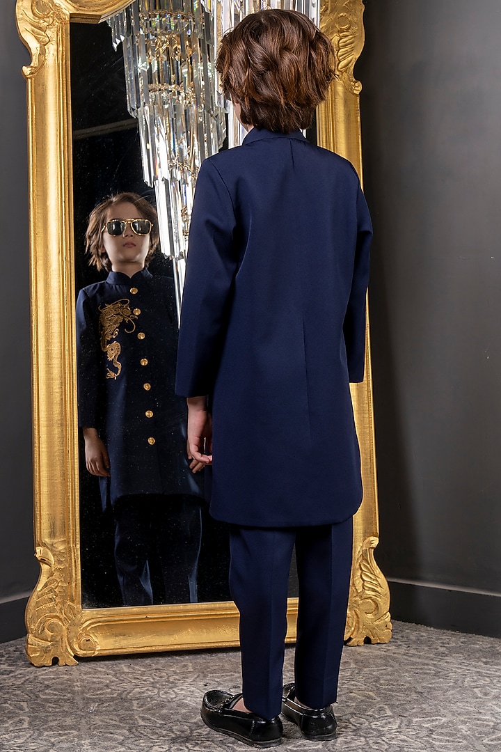 Blue Suiting Crepe Embroidered Sherwani Set For Boys by Hoity Moppet at Pernia's Pop Up Shop