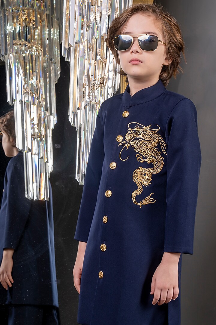 Blue Suiting Crepe Embroidered Sherwani Set For Boys by Hoity Moppet at Pernia's Pop Up Shop