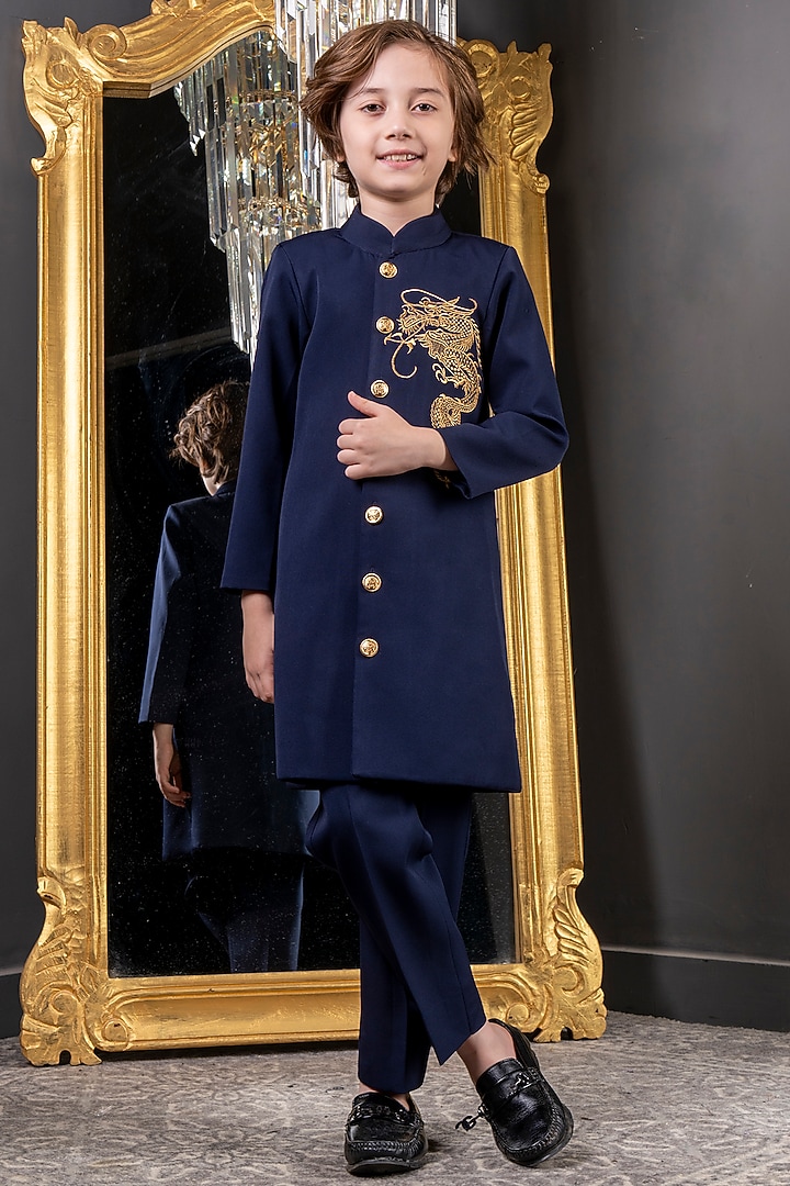 Blue Suiting Crepe Embroidered Sherwani Set For Boys by Hoity Moppet at Pernia's Pop Up Shop