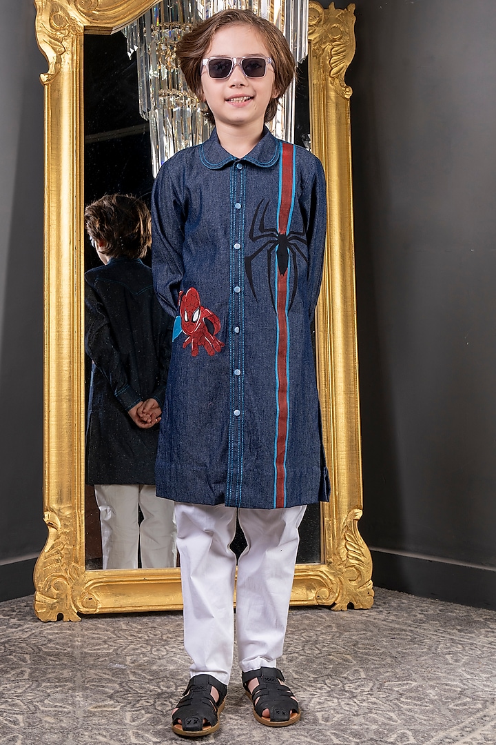 Blue Denim Hand Painted Kurta Set For Boys by Hoity Moppet