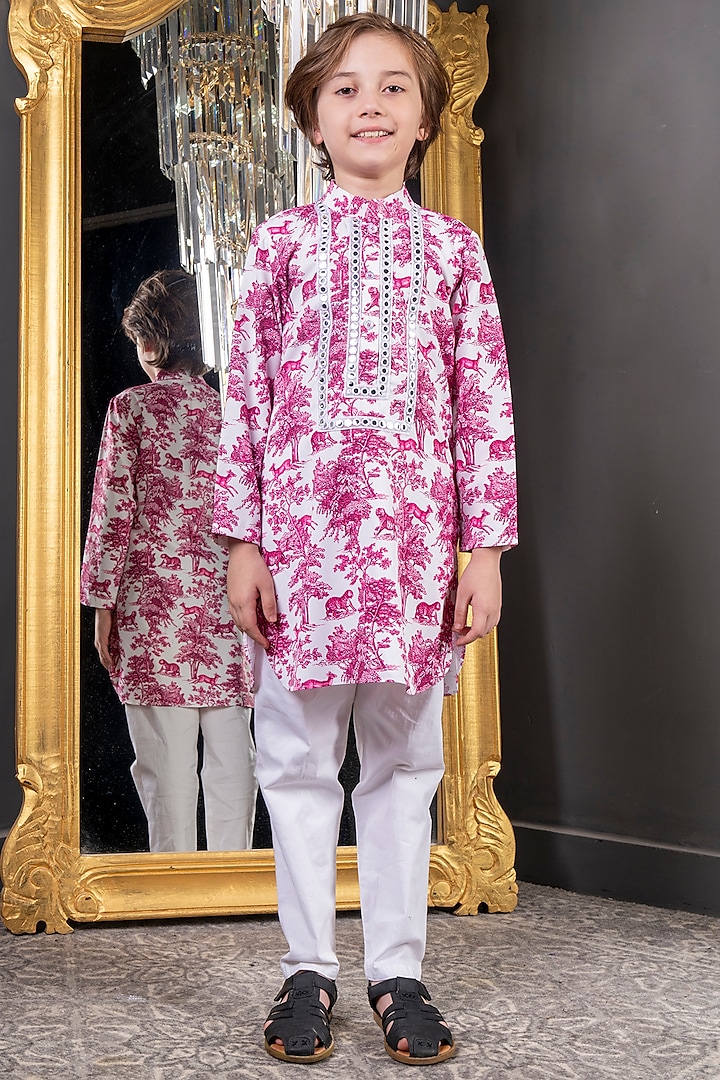 Pink & White Georgette Printed Kurta Set For Boys by Hoity Moppet