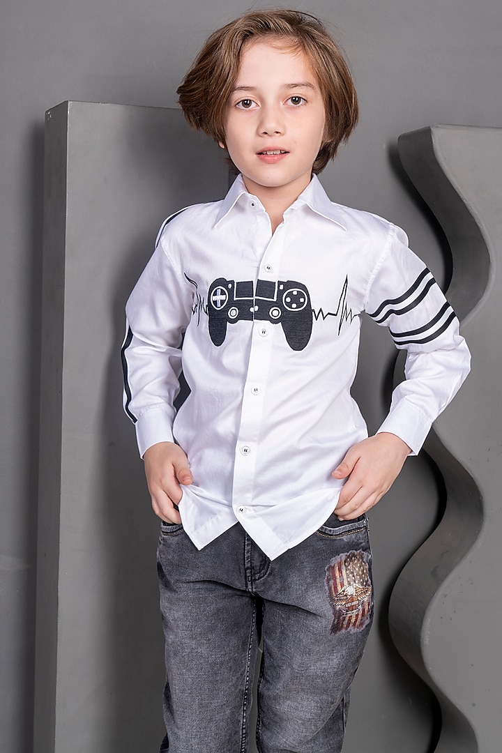 White Crisp Cotton Embroidered Shirt For Boys by Hoity Moppet