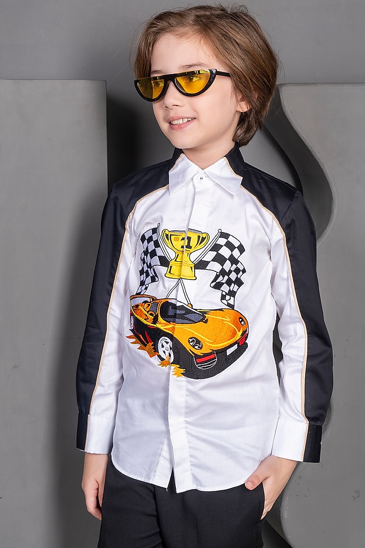 Black & White Crisp Cotton Embroidered Shirt For Boys by Hoity Moppet