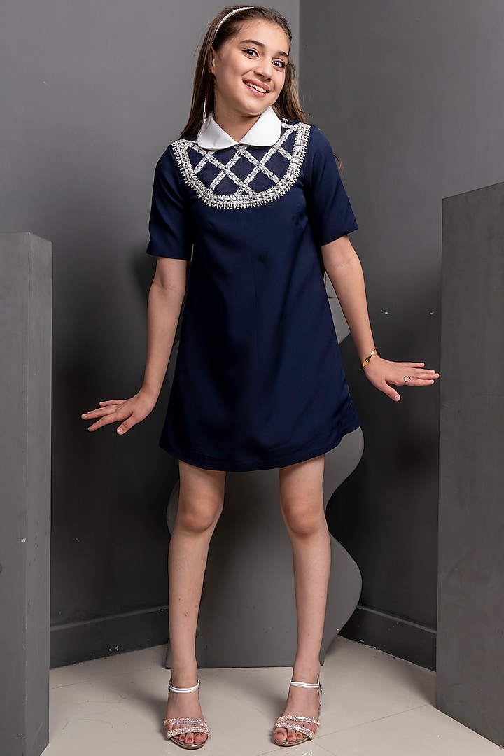 Navy Blue Luxury Crepe Stone Embroidered Dress For Girls by Hoity Moppet at Pernia's Pop Up Shop