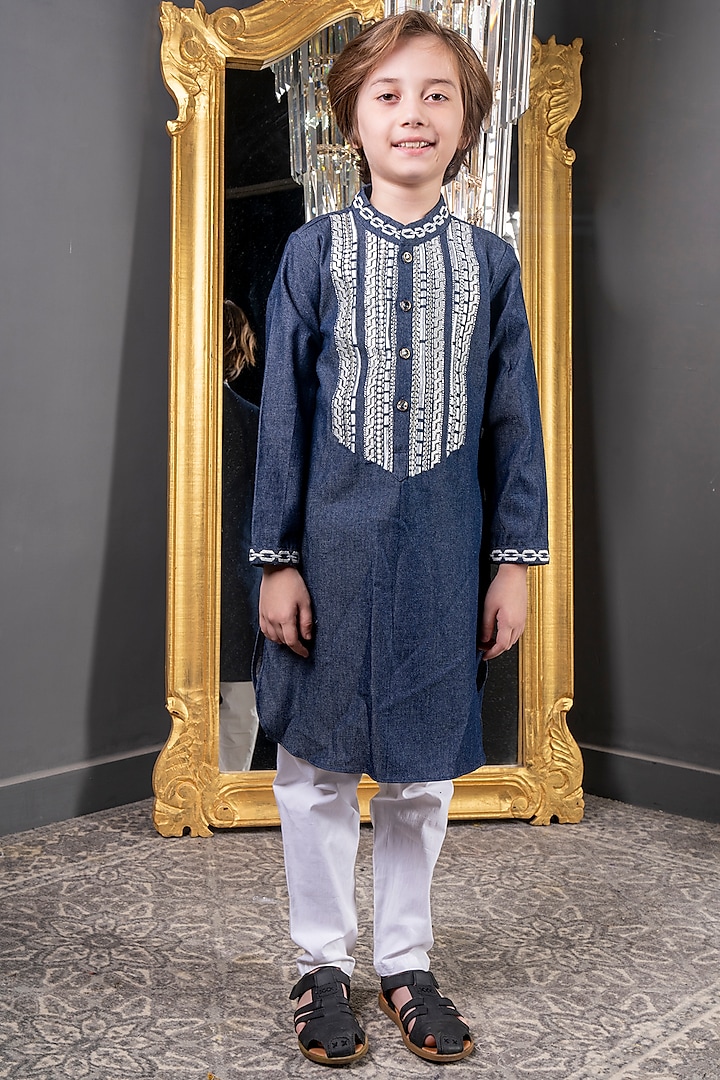 Blue Denim Embroidered Kurta Set For Boys by Hoity Moppet