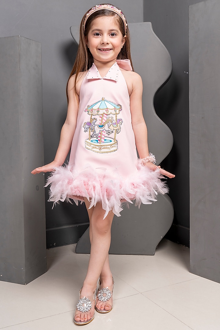 Pink Satin Pearl Work Dress For Girls by Hoity Moppet at Pernia's Pop Up Shop