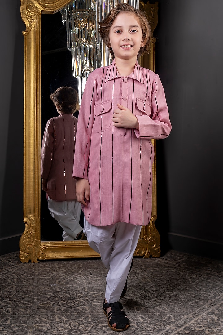 Pink Linen Kurta Set For Boys by Hoity Moppet