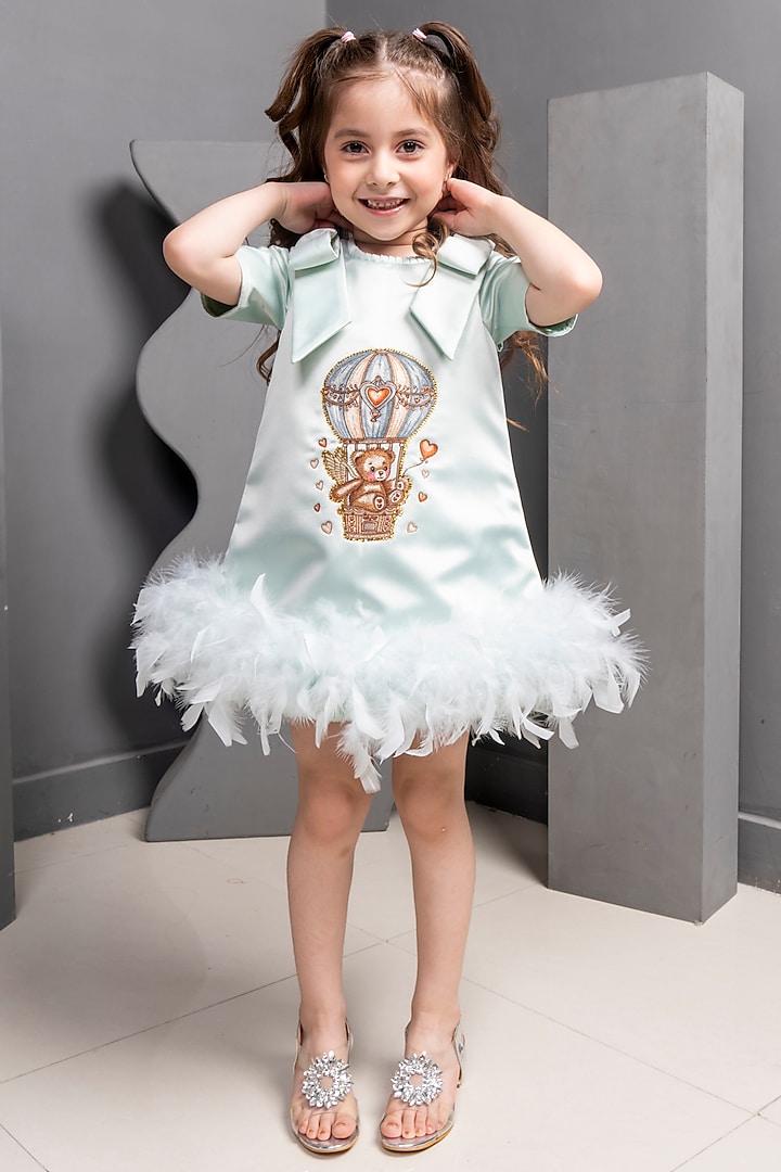 Mint Green Satin Embroidered Dress For Girls by Hoity Moppet at Pernia's Pop Up Shop