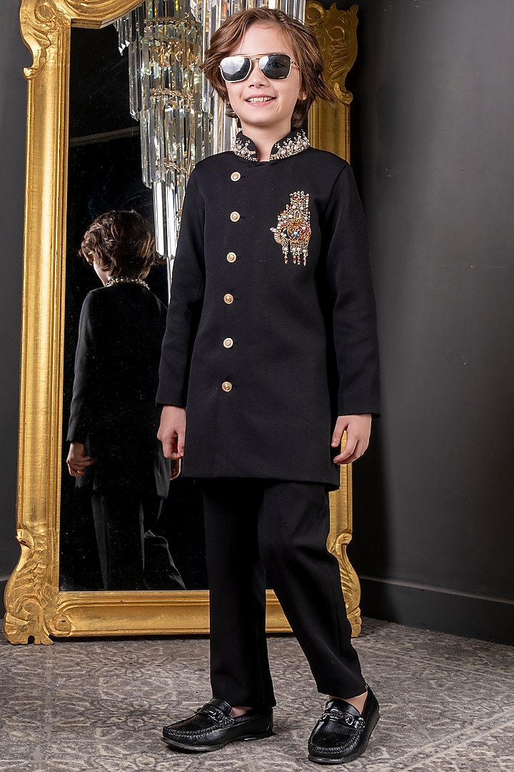 Black Suiting Crepe Embroidered Sherwani Set For Boys by Hoity Moppet