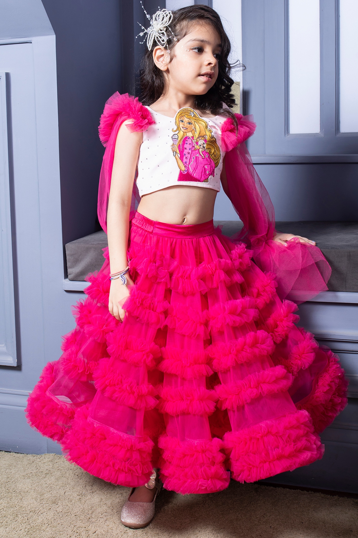 Buy Pink Embroidered Choli And Ruffle Lehenga For Girls by Pa:Paa Online at  Aza Fashions.