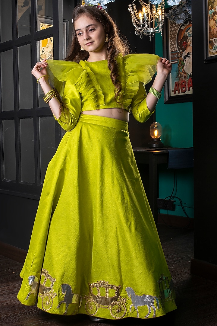 Green Silk Lehenga Set For Girls by Hoity Moppet