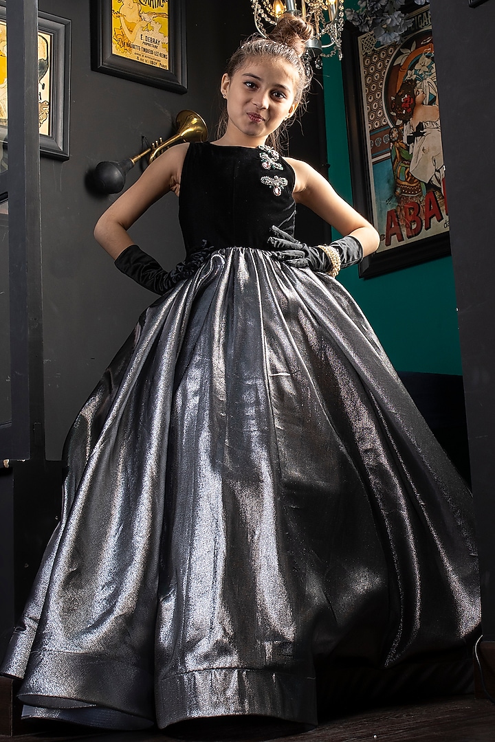 Black & Silver Velvet Gown For Girls by Hoity Moppet